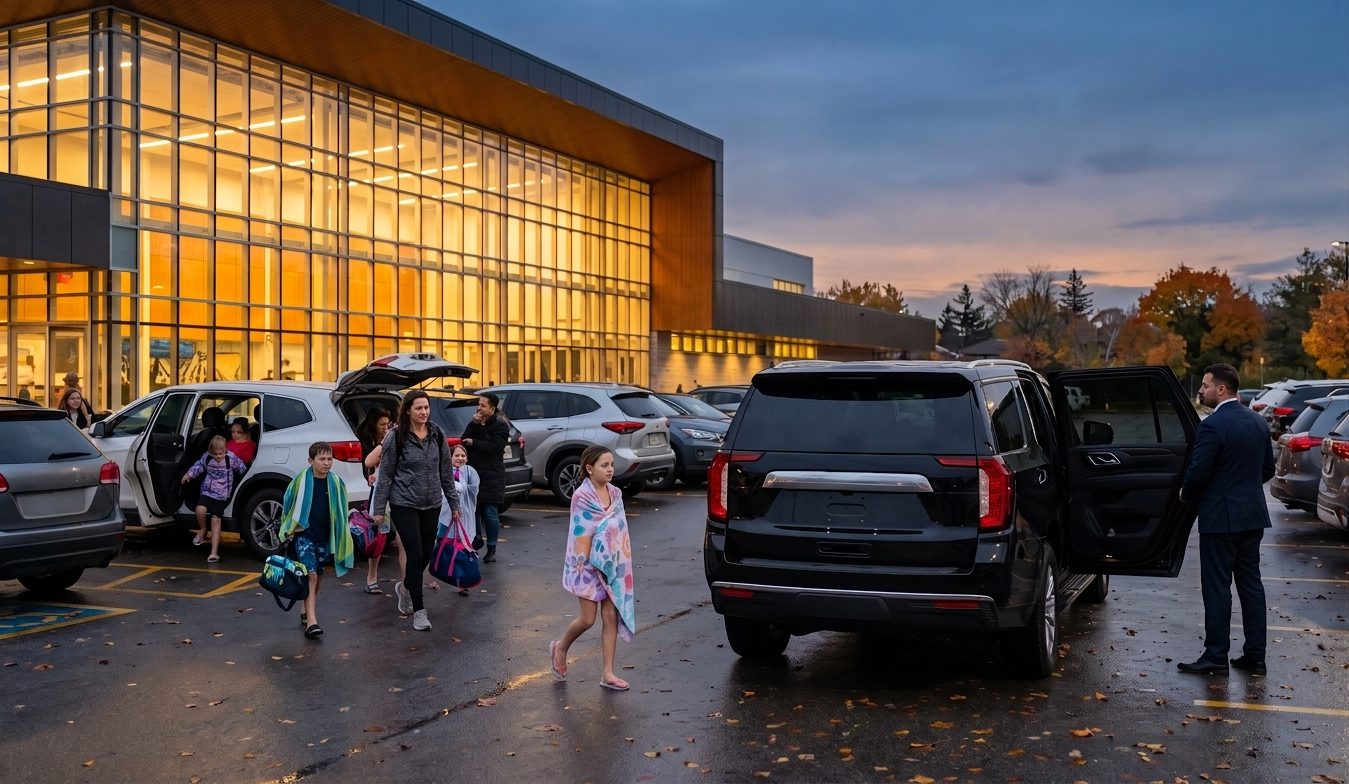 Girl with a towel after swim lessons walking to a black SUV outside a Mississauga recreation centre