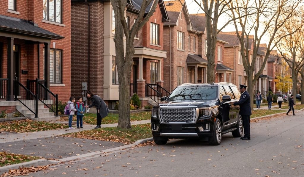 Nanny greeting two children arriving home by black SUV on a Mississauga townhouse street