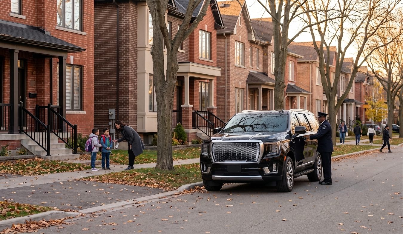 Nanny greeting two children arriving home by black SUV on a Mississauga townhouse street
