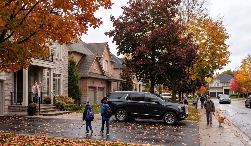 Two children walking down an Oakville driveway to a waiting black SUV on an autumn morning