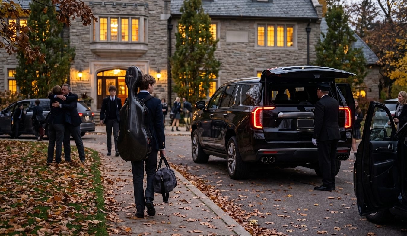 Teen with a cello case walking to a black SUV outside a private school after an evening rehearsal