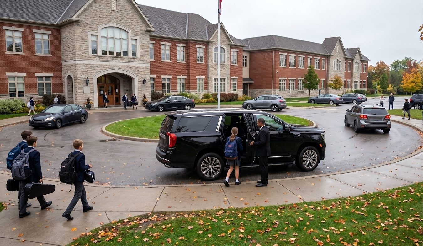Morning drop-off loop at a private school with students in blazers and a black SUV stopped at the front walk